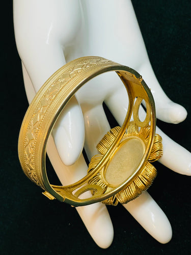 Gold and Green Flower Clamper Bracelet